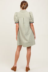 Light Olive Striped Puff Sleeve Mini Shirt Dress