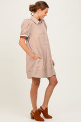 Camel Striped Puff Sleeve Mini Shirt Dress