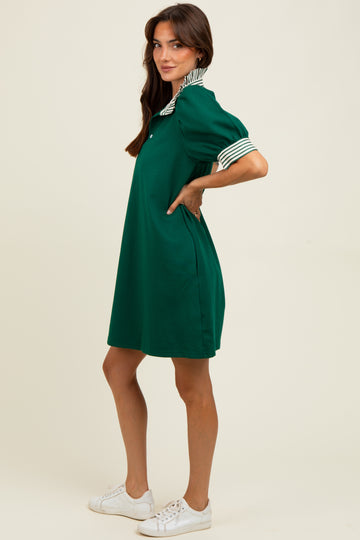 Forest Green Mock Neck Contrast Striped Trim Mini Dress