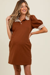 Mocha Mock Neck Contrast Striped Trim Maternity Mini Dress