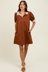 Mocha Mock Neck Contrast Striped Trim Maternity Mini Dress