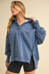 Blue Snap Button Pullover Henley Sweatshirt