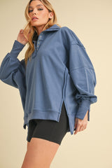 Blue Snap Button Pullover Henley Sweatshirt