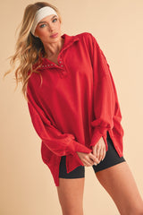 Red Snap Button Pullover Henley Sweatshirt