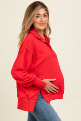 Red Snap Button Pullover Henley Maternity Sweatshirt