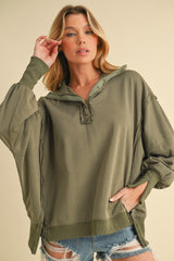 Olive Snap Button Pullover Henley Sweatshirt