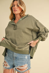 Olive Snap Button Pullover Henley Sweatshirt