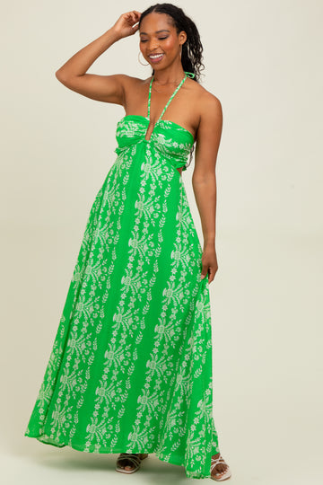Green Floral Halter Tie Back Cutout Maxi Dress