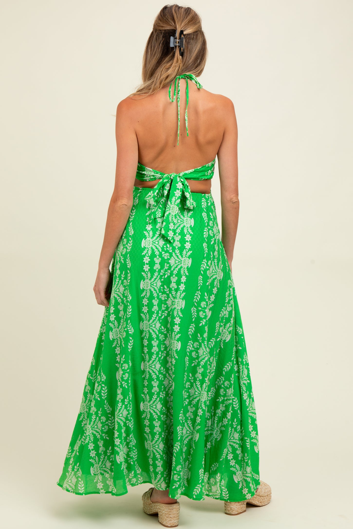 Green Floral Halter Tie Back Cutout Maternity Maxi Dress