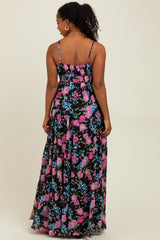 Black Floral Lace Inset Tiered Maxi Dress