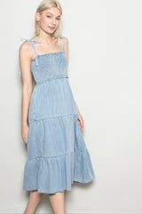 Light Blue Vintage Wash Denim Smocked Dress