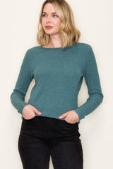 Deep Teal Ribbed Knit Long Sleeve Top