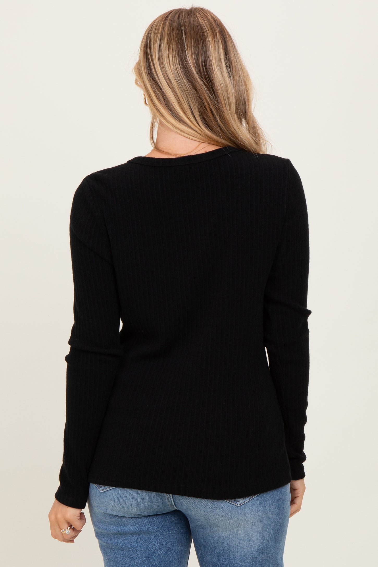 Black Ribbed Knit Long Sleeve Top