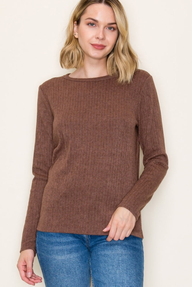Brown Ribbed Knit Long Sleeve Top