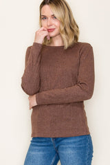 Brown Ribbed Knit Long Sleeve Top