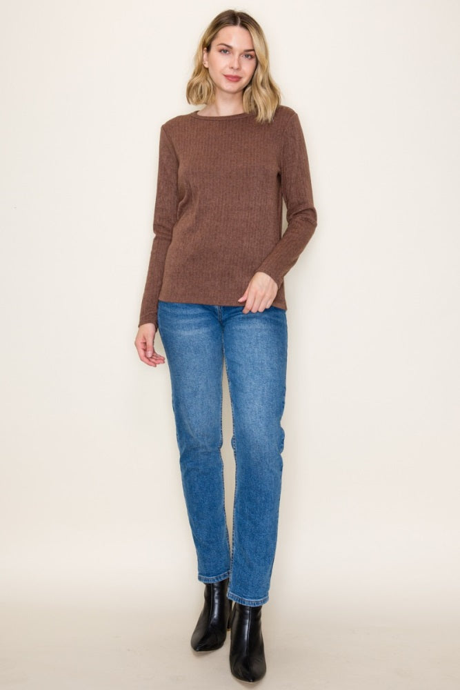 Brown Ribbed Knit Long Sleeve Top