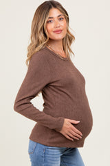 Brown Ribbed Knit Maternity Long Sleeve Top