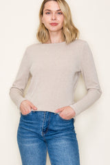 Beige Ribbed Knit Long Sleeve Top