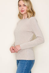 Beige Ribbed Knit Long Sleeve Top