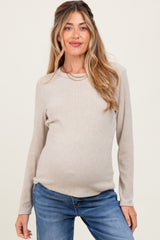 Beige Ribbed Knit Maternity Long Sleeve Top