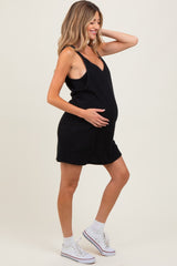 Black Textured Rib Side Pocket Maternity Romper Dress