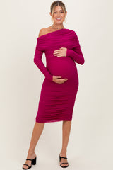 Magenta Ruched Mesh Off Shoulder Long Sleeve Maternity Midi Dress