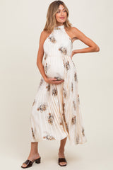 Cream Printed Pleated Maternity Halter Dress