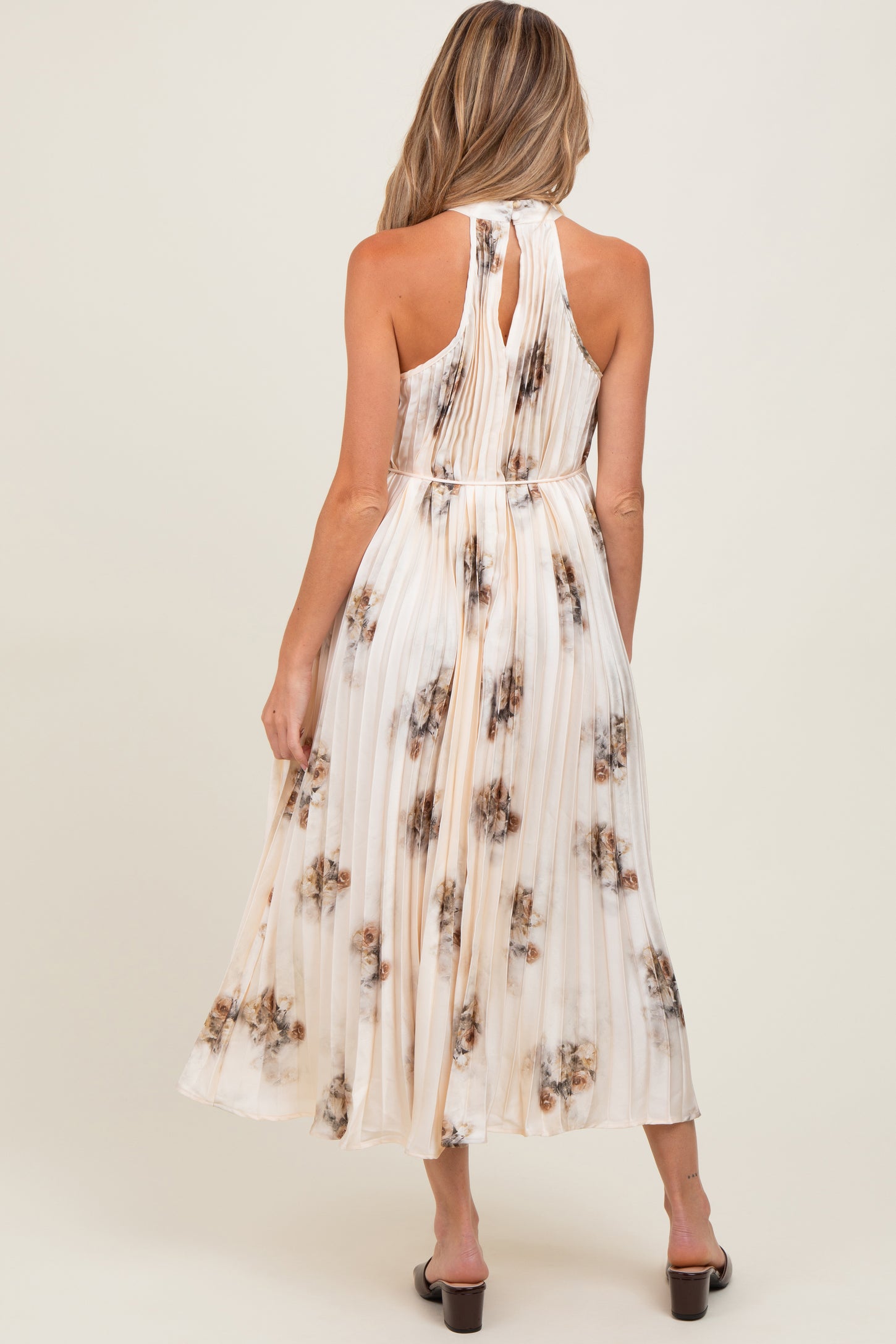 Cream Printed Pleated Maternity Halter Dress