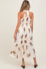 Cream Printed Pleated Maternity Halter Dress