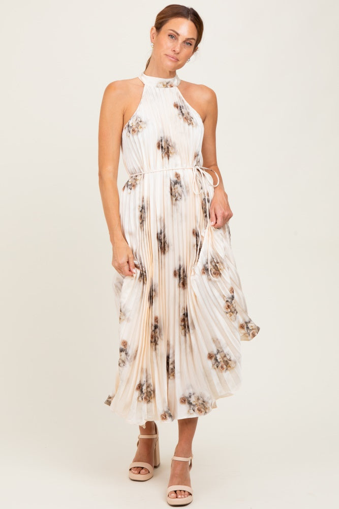 Cream Printed Pleated Halter Dress