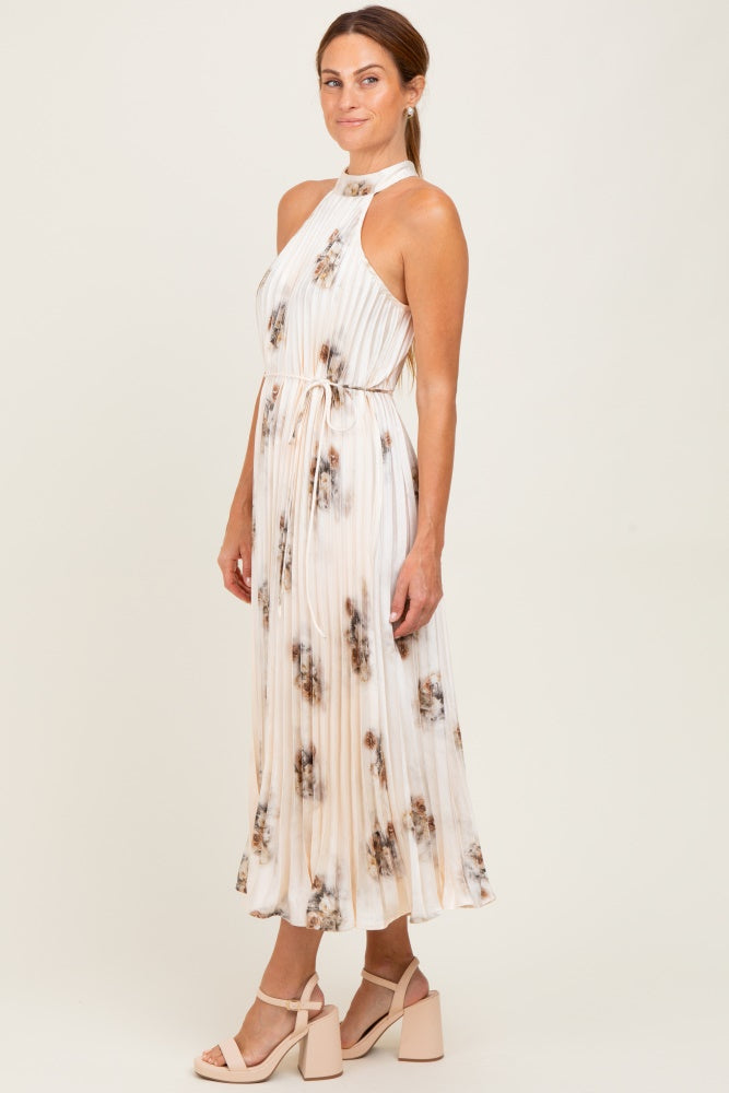 Cream Printed Pleated Halter Dress