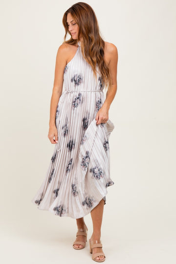 Light Pink Printed Pleated Halter Dress