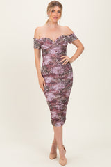 Mauve Floral Animal Print Off Shoulder Midi Dress