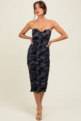 Charcoal Mesh Velvet Strapless Ruched Midi Dress