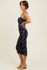 Charcoal Mesh Velvet Strapless Ruched Midi Dress