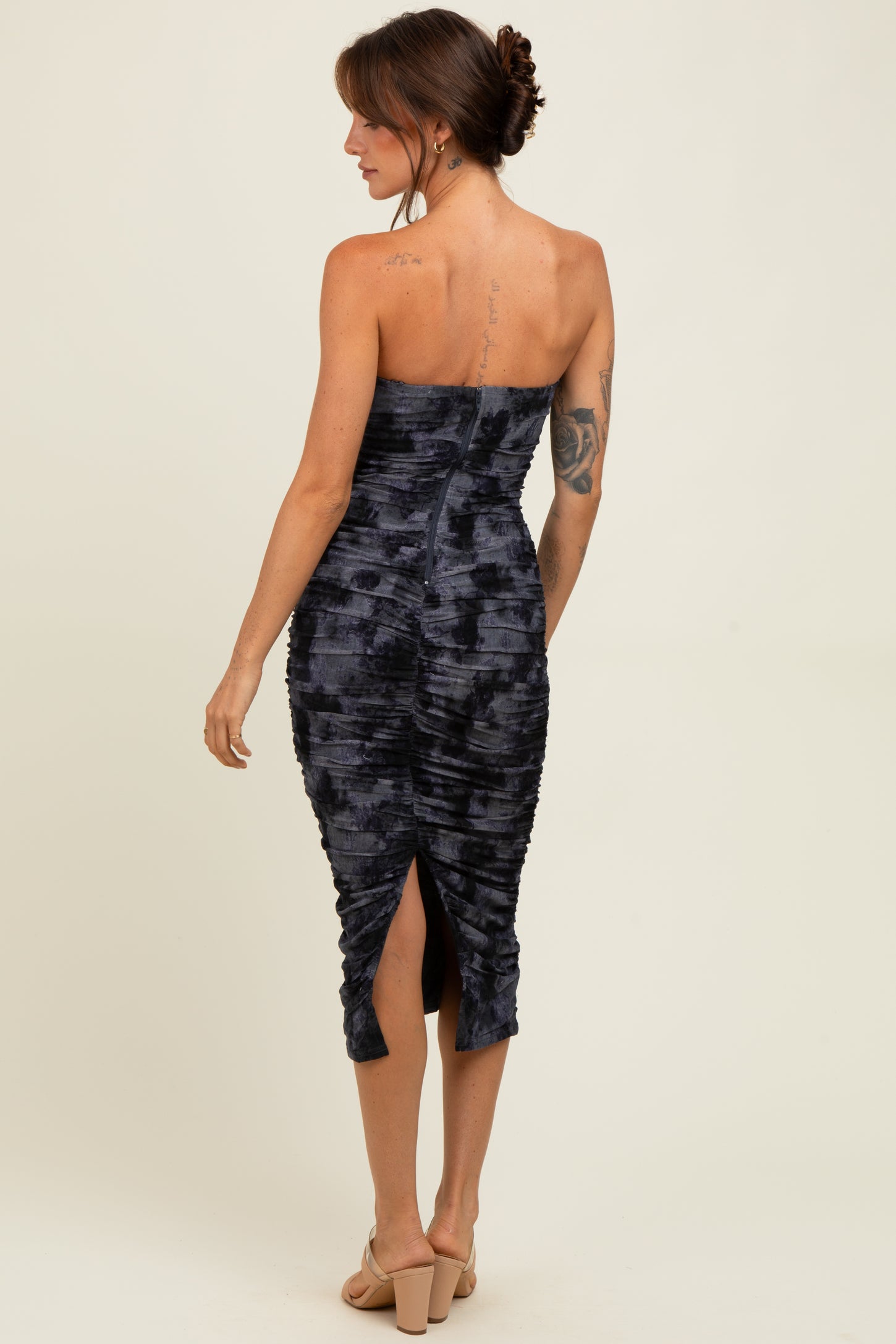 Charcoal Mesh Velvet Strapless Ruched Midi Dress