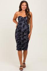 Charcoal Mesh Velvet Strapless Ruched Maternity Midi Dress