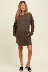 Brown Oversized Long Sleeve Maternity T-Shirt Dress