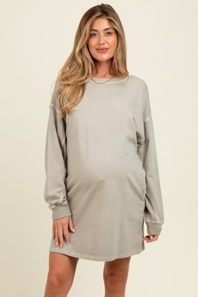 Beige Oversized Long Sleeve Maternity T-Shirt Dress