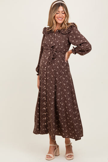 Brown Statement Collar Button Down Maternity Maxi Dress