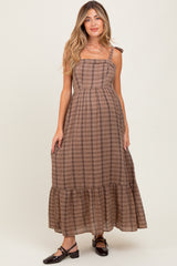 Mocha Plaid Sleeveless Cotton Maternity Maxi Dress