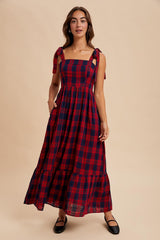 Red Plaid Sleeveless Cotton Maxi Dress