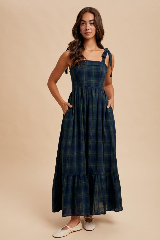 Hunter Green Plaid Sleeveless Cotton Maternity Maxi Dress