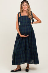 Hunter Green Plaid Sleeveless Cotton Maternity Maxi Dress