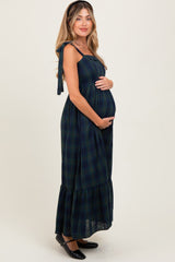 Hunter Green Plaid Sleeveless Cotton Maternity Maxi Dress