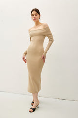 Beige Knit Off Shoulder Long Sleeve Midi Dress