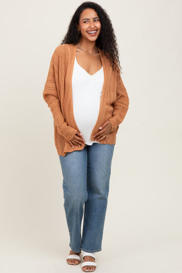 Camel Crochet Knit Scallop Detail Open Maternity Cardigan