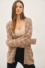 Mocha Fine Knit Striped Open Cardigan