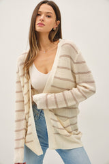 Cream Fine Knit Striped Open Cardigan