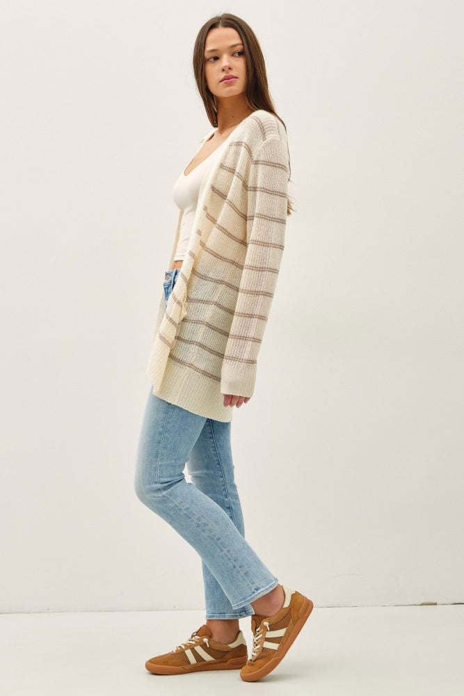 Cream Fine Knit Striped Open Cardigan